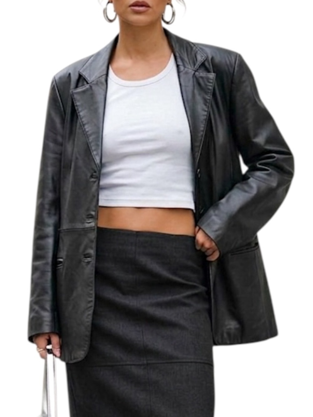 Vintage 90s Y2K minimalist genuine black leather oversized jacket blazer coat S